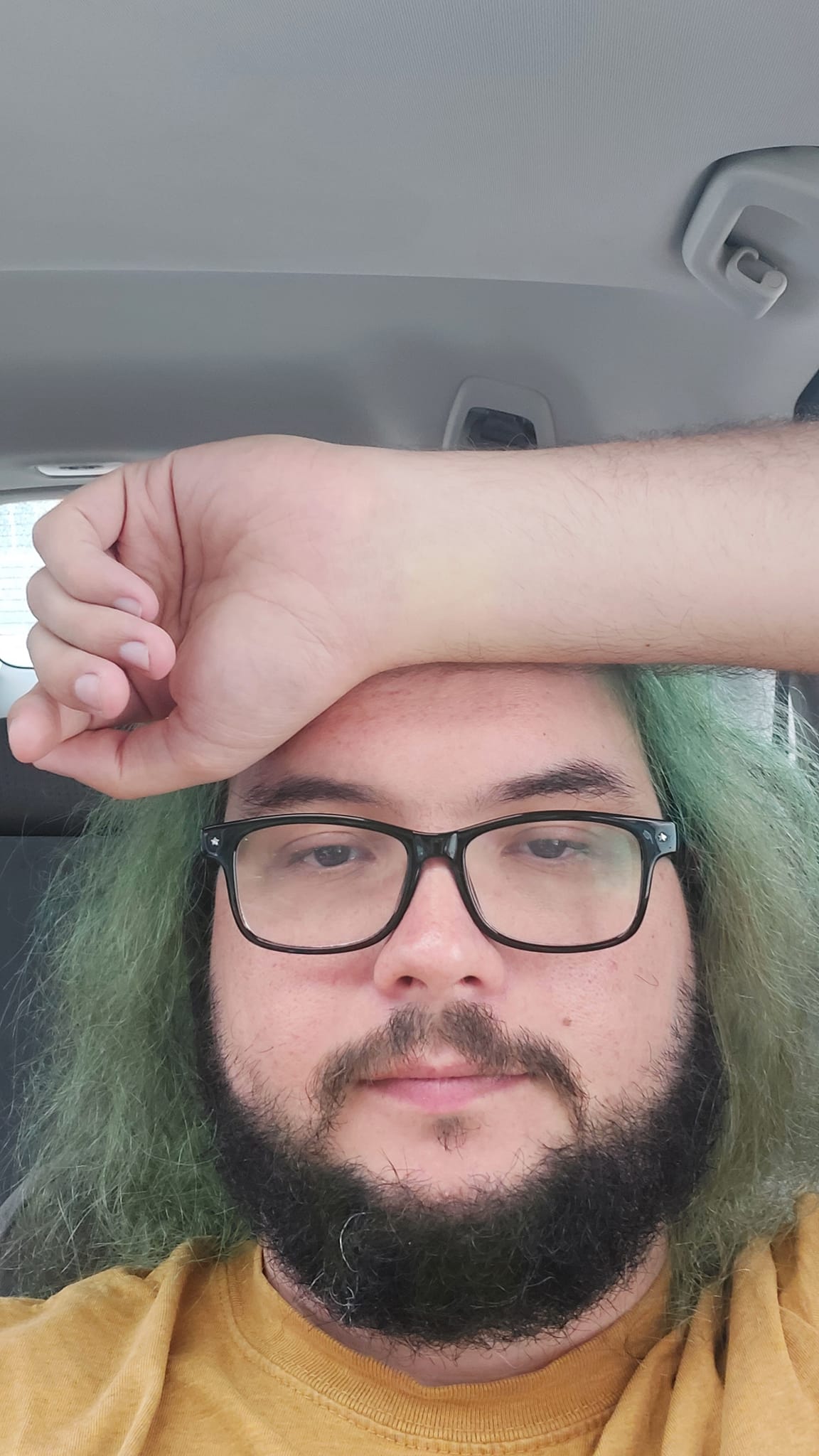 A man with green hair reclines in a car, left arm touching forhead, Photo 1